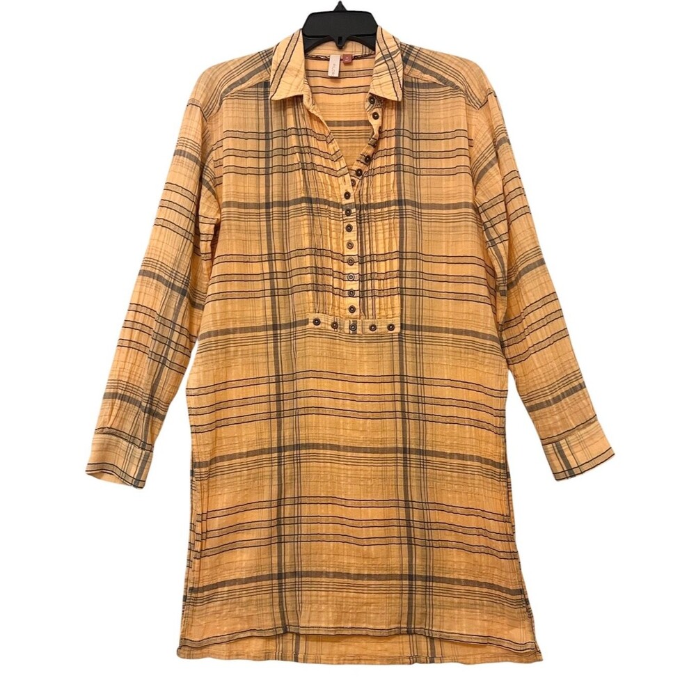 Anthropologie PILCRO Yellow Plaid Crinkle Gauze Cotton Tunic Top Side Slit Sz XS